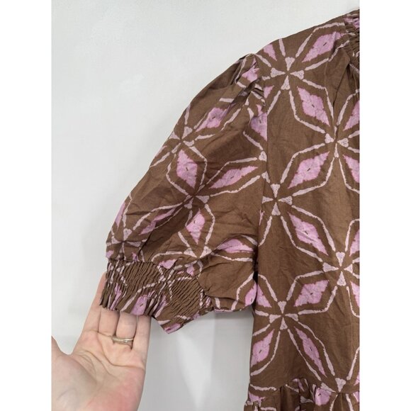 Pinch Printed Midi Dress Women Large Brown Prairie Peasant Boho Cottage Milkmaid - Picture 9 of 12